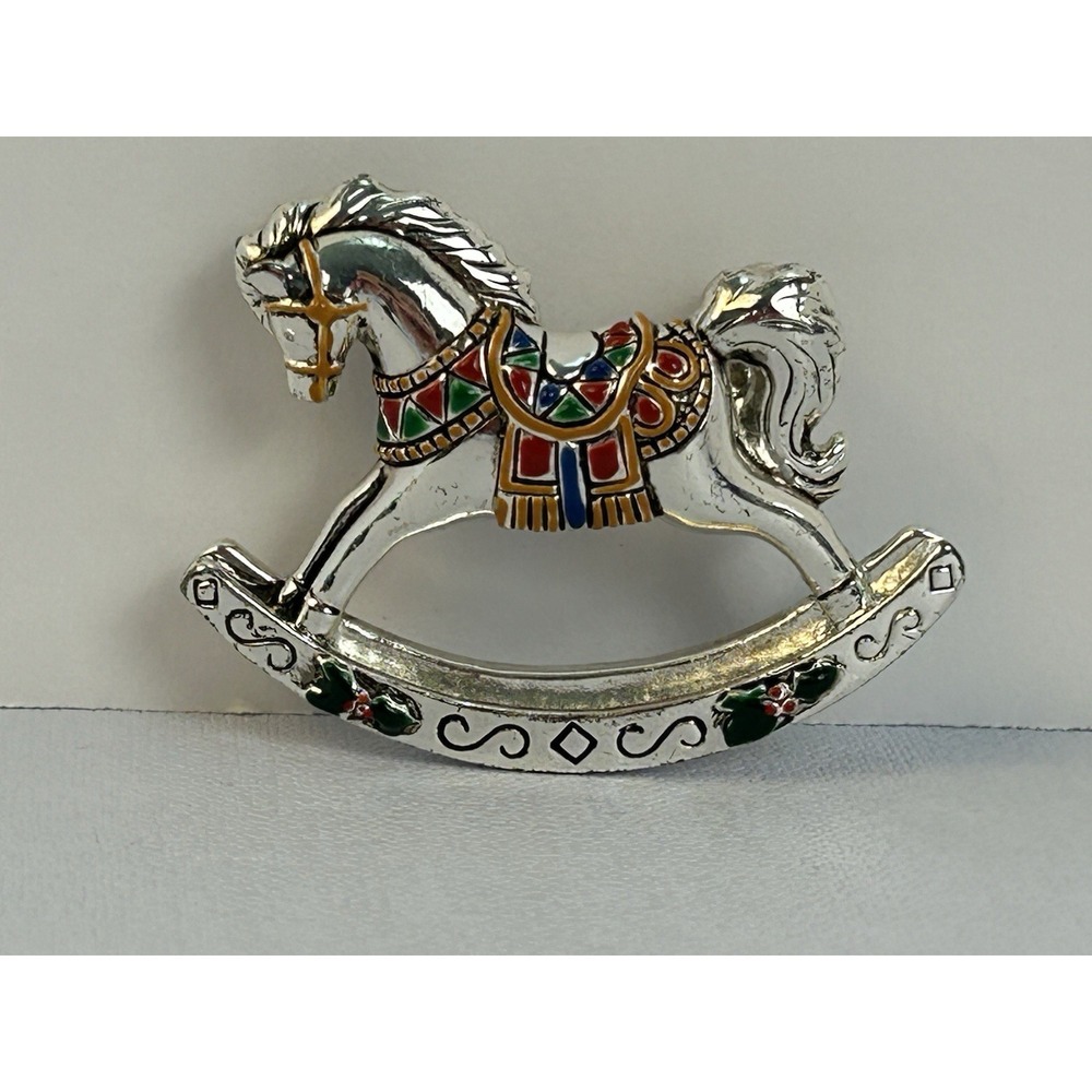Vintage Style Rocking Horse Pendant Charm Enamel Silver Tone Holiday Cute